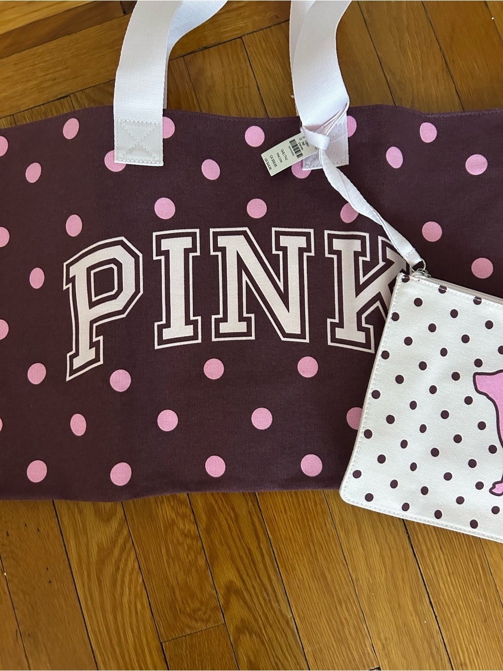 PINK Victoria's Secret Maroon Tote with Pink Polka Dots and White Straps